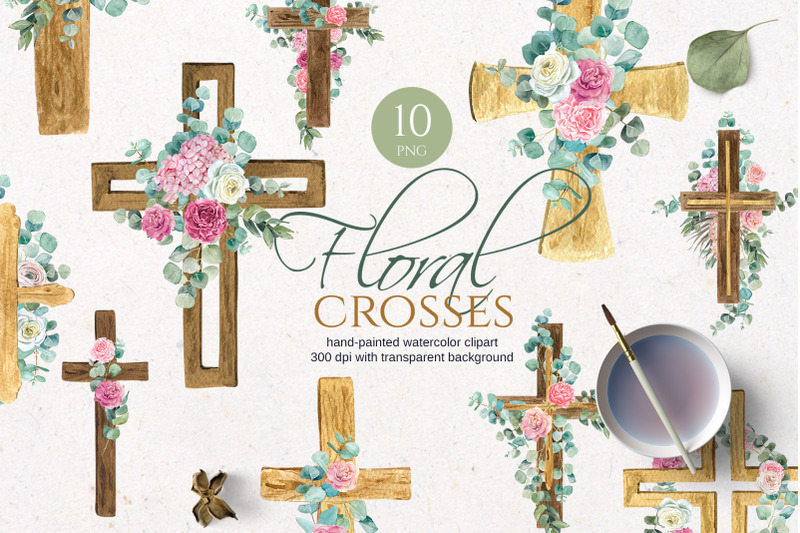 Floral wooden watercolor crosses By Elena Dorosh | TheHungryJPEG