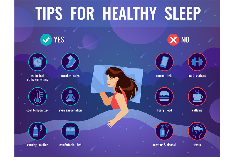 Healthy sleep. Women in bed with tips icons for good sleep, night spac ...