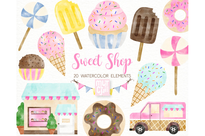 Watercolor Sweet Shop Clipart Set By Mutchidesign | TheHungryJPEG