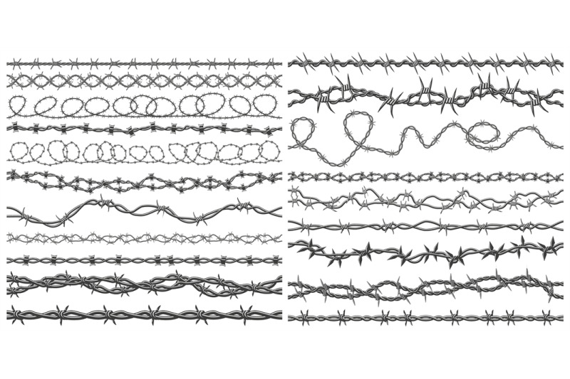 Razor wire silhouettes. Barbed wire metallic border elements, sharply ...