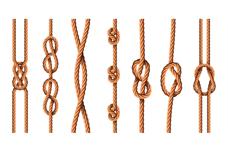 Nautical knots. Realistic ropes with sailor or scout knot types
