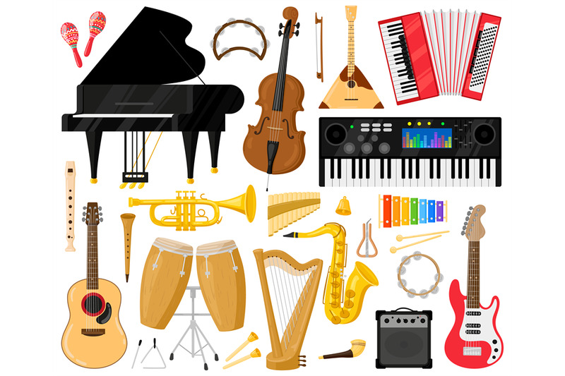 Musical instruments. Cartoon music band instruments, piano, drums, har ...