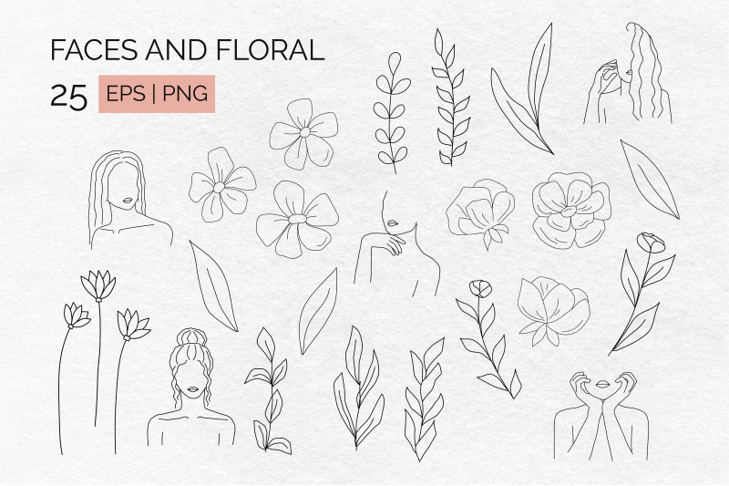 Faces and Floral line art By NastyaGor | TheHungryJPEG