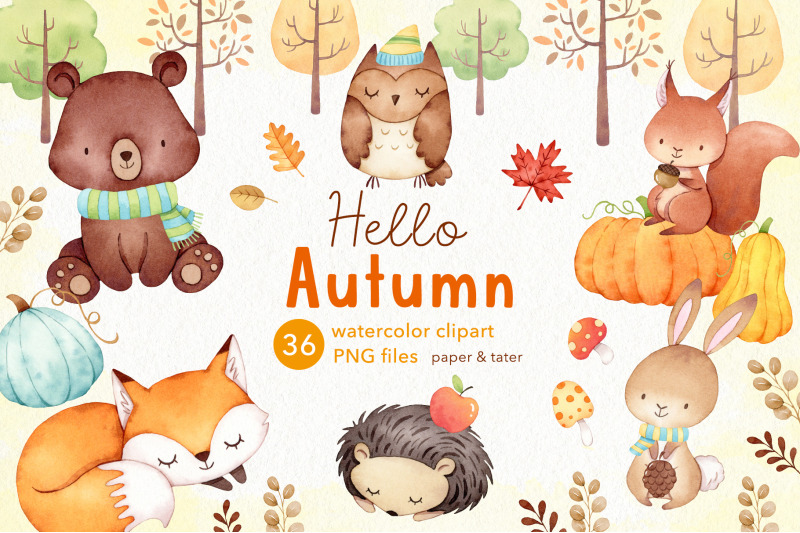 Watercolor Autumn Woodland Clipart, Fall Forest Baby Animal PNG By ...