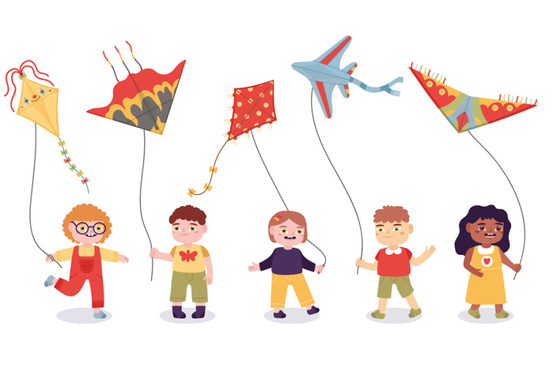 Cartoon kids playing with paper flying kites toys. Boys and girls summ By  WinWin_artlab | TheHungryJPEG
