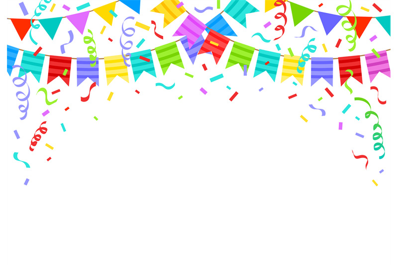 Birthday bunting flags, ribbons and confetti festive background. Carto By  WinWin_artlab