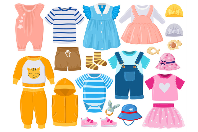 Cartoon baby kids girl and boy clothes, hats, shoes. Childrens fashion ...