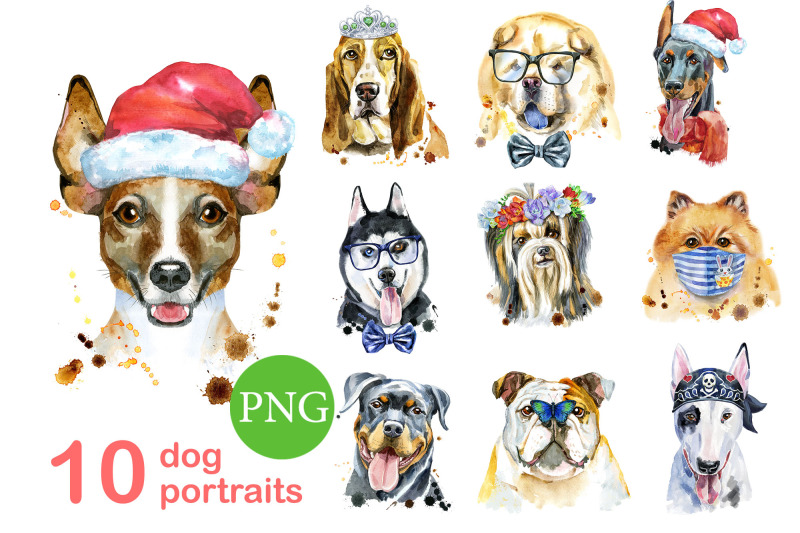 10 watercolor dog portraits. Set 14 By Watercolor fantasies | TheHungryJPEG