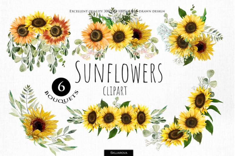 Sunflower Bouquets Clipart, Part 2 By HappyWatercolorShop | TheHungryJPEG