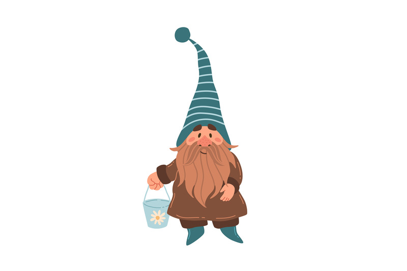 Gnome with bucket. Garden hand drawn cartoon male character in costume ...