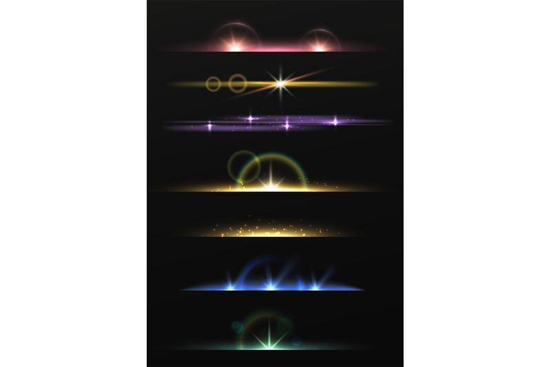 Lens flare shining borders. Realistic lights lines, rainbow glowing di ...