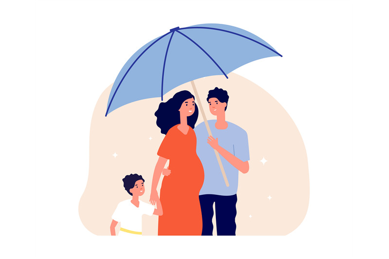 Family protection concept. Man holding umbrella under pregnant wife an ...