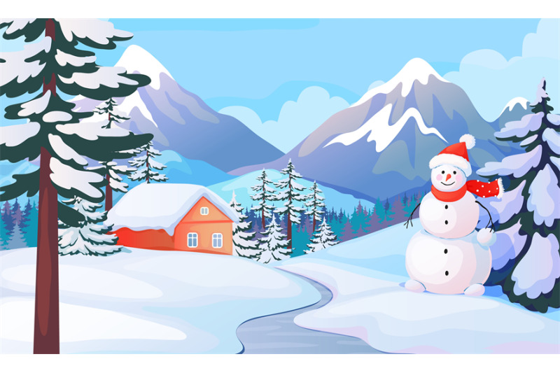 Winter snowman landscape. House in snowy mountain valley. Cartoon back By  SpicyTruffel | TheHungryJPEG