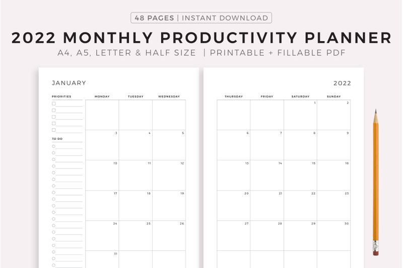 2022 Productivity Monthly Planner Printable and Fillable PDF By ...