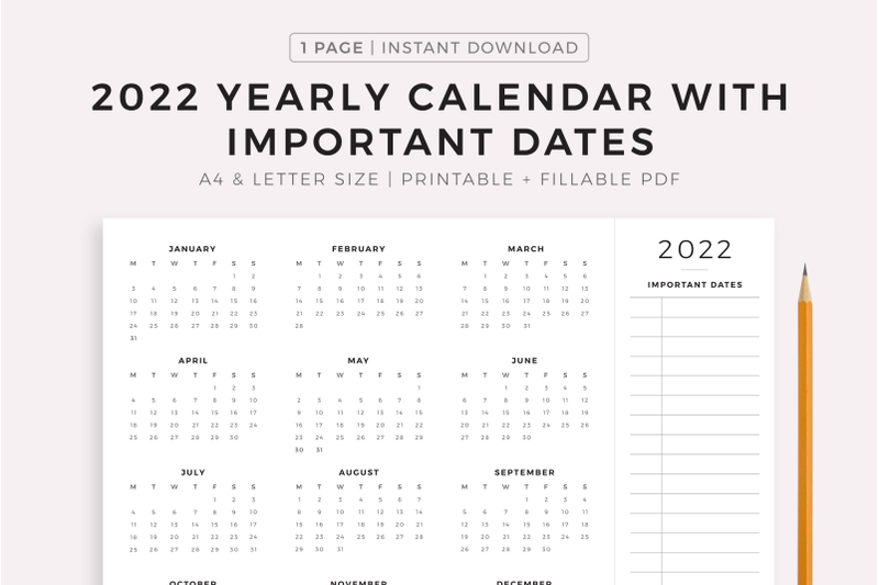 2022 Calendar with Important Dates, Year Calendar on One Page By ...