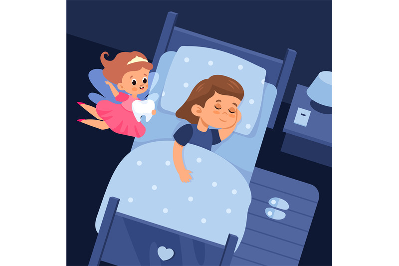 Tooth fairy and sleeping child. Cartoon girl in bed and cute flying so By  YummyBuum | TheHungryJPEG