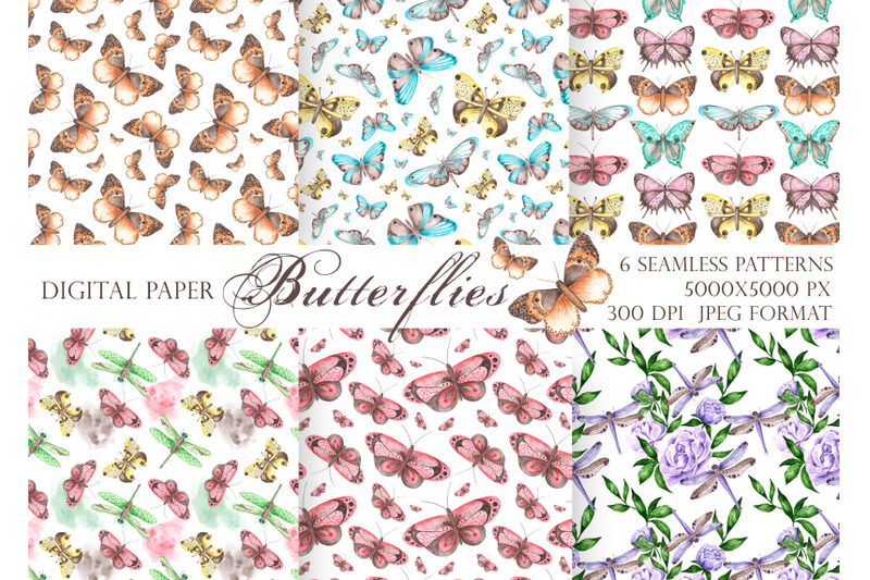 Butterfly seamless pattern, digital paper. Watercolor insect dragonfly ...