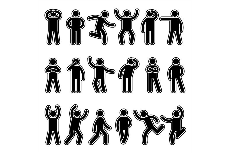 Stick figures. Human silhouettes pictogram action poses different expr ...