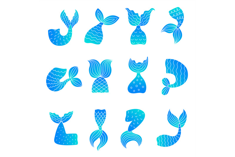 Mermaid tails. Drawing ocean marine symbols of fairy tail woman