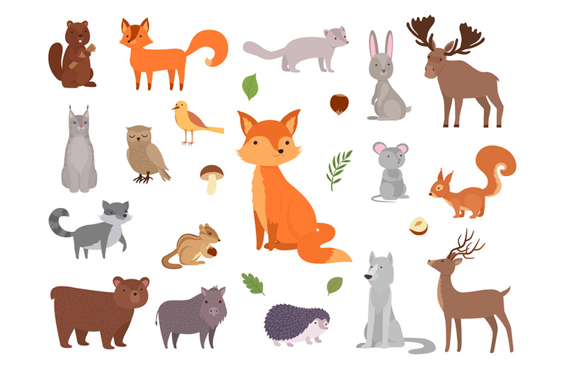 Cute wild animals. Vector forest animals collection fox bear owl vecto ...