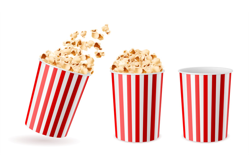 Realistic bucket popcorn. 3d corn snacks paper cups, striped red white ...