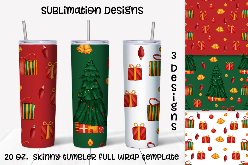 Christmas Tree And Gift Sublimation Design. Skinny Tumbler Wrap Design 