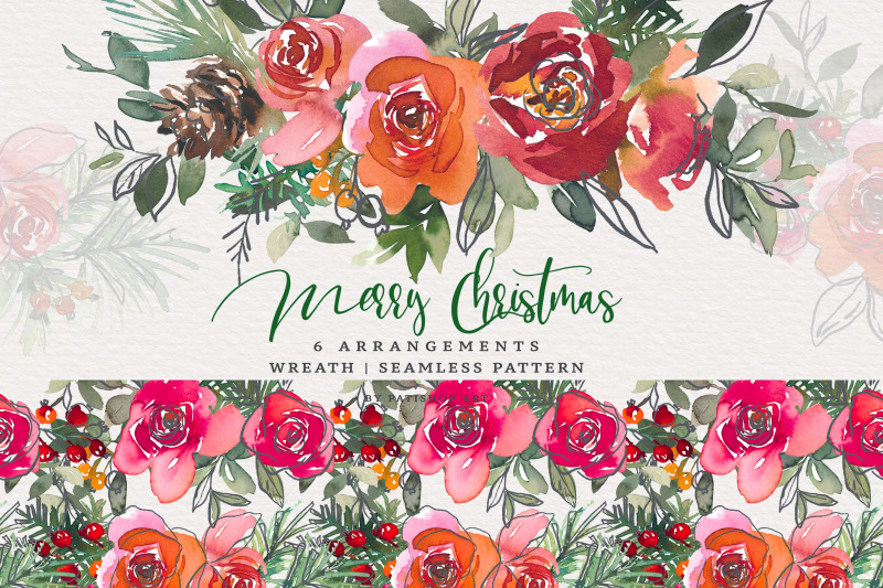 Merry Christmas* Watercolor Subtle Flowers Bouquets & Seamless Pattern ...