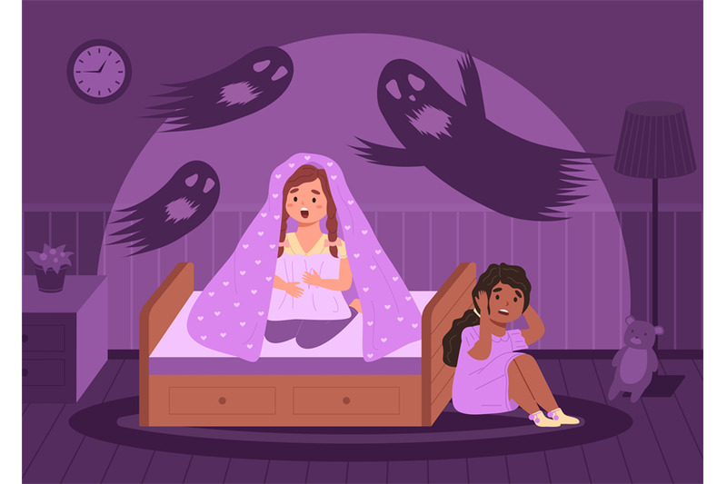 Children nightmares. Scared girls in dark room. Ghosts flying around b By  YummyBuum | TheHungryJPEG