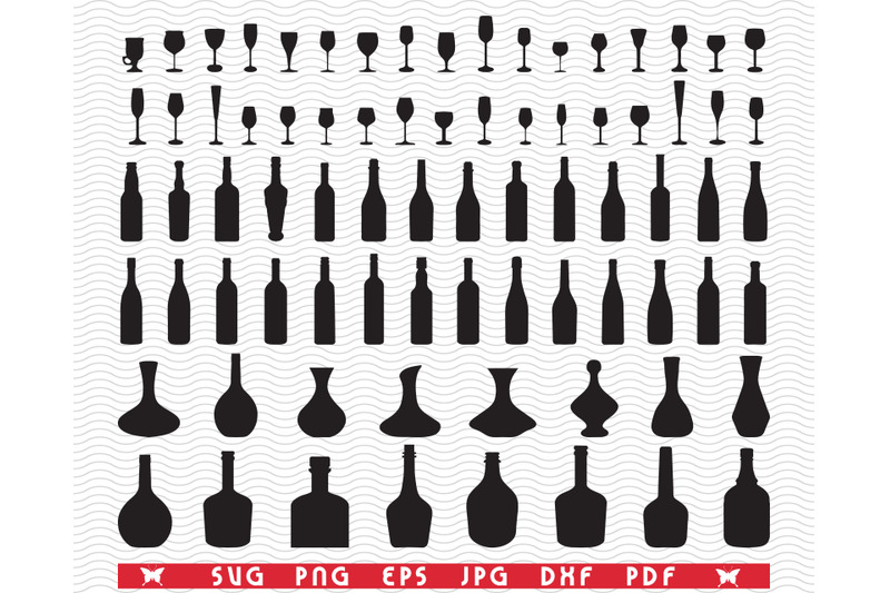 Svg Wine Glasses Bottles Pitchers, Silhouettes, Digital Clipart By 