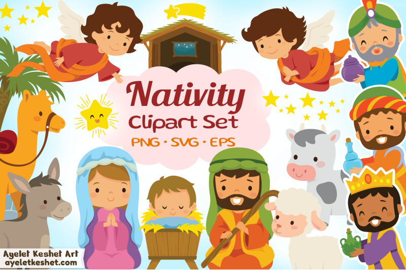 Nativity Clipart Set for Christmas By Ayelet Keshet Art | TheHungryJPEG