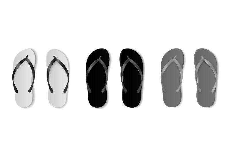 Realistic flip flops mockup. Monochrome beach footwear, black, white a ...