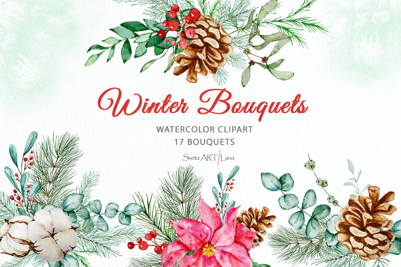 Watercolor Winter Greenery Bouquets By SvetaArtLana