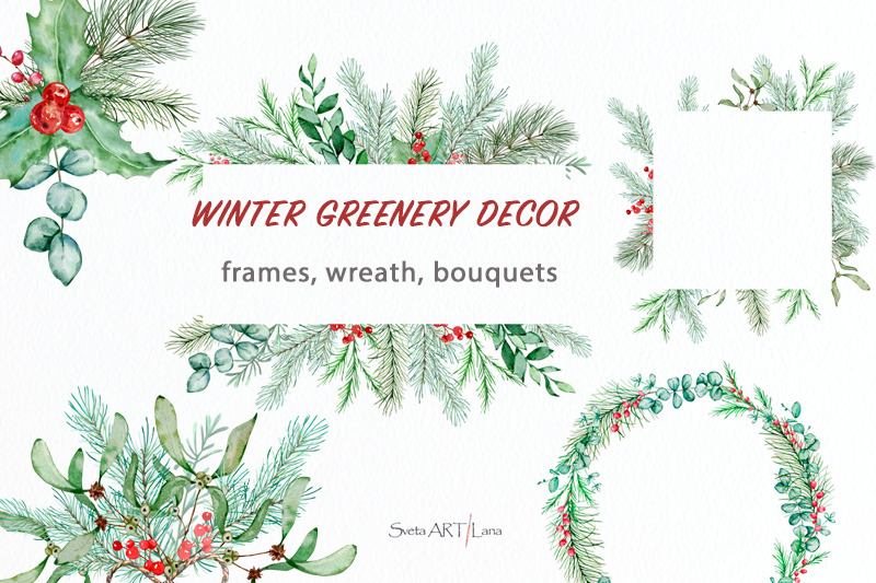 Watercolor Christmas greenery clipart. Winter border frame