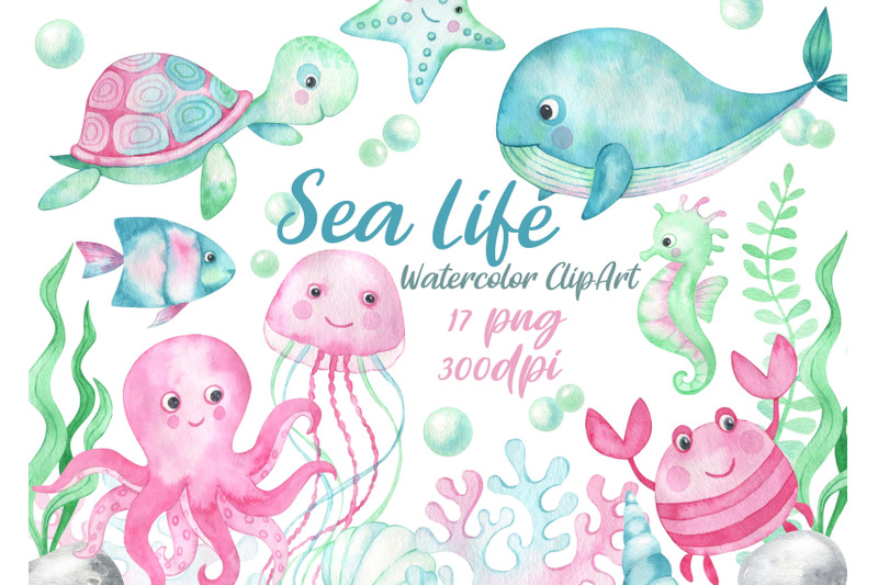 Watercolor Sea Life clipart underwater world animals clip art turtle o ...