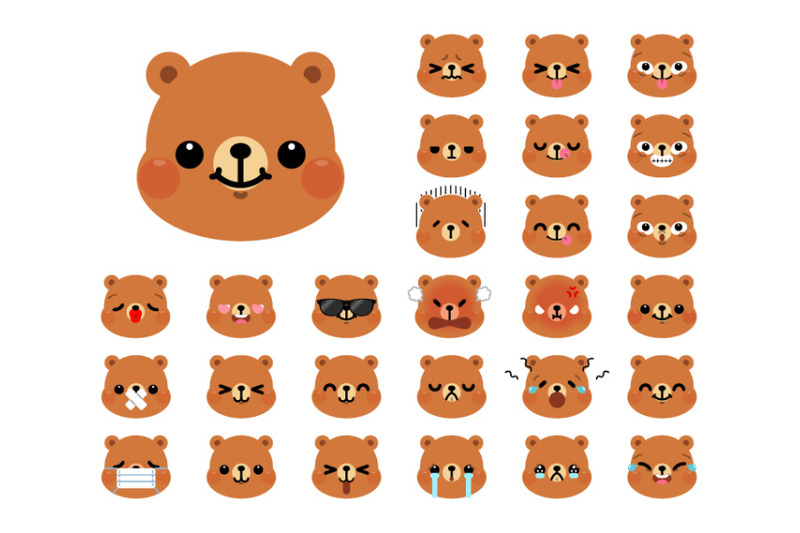 Set of cute cartoon bear emoji By laias | TheHungryJPEG