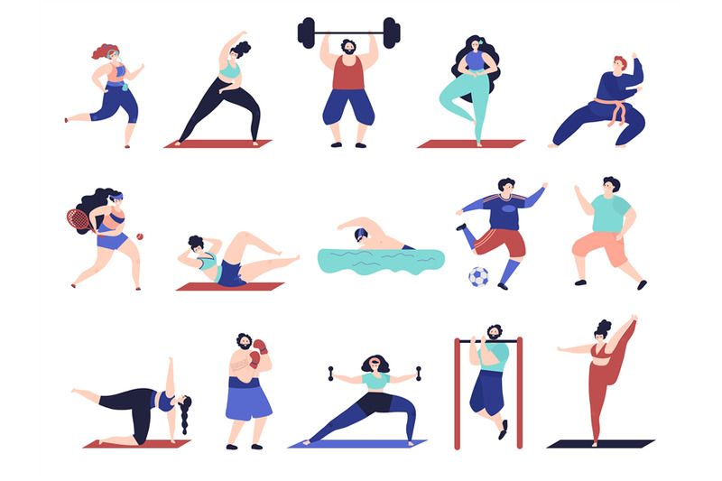 People doing sport. Workout characters, active male female sport exerc ...