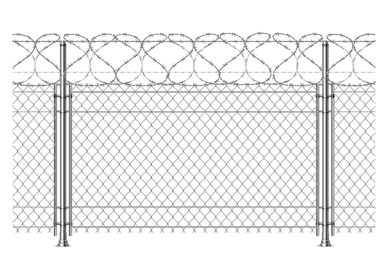 Realistic prison wall, chain fence with barb wire. 3d metal boundary s ...
