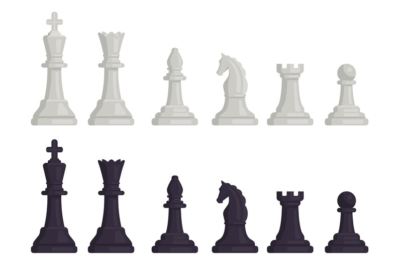 Cartoon black and white chess pieces icons. Flat chessmen, queen