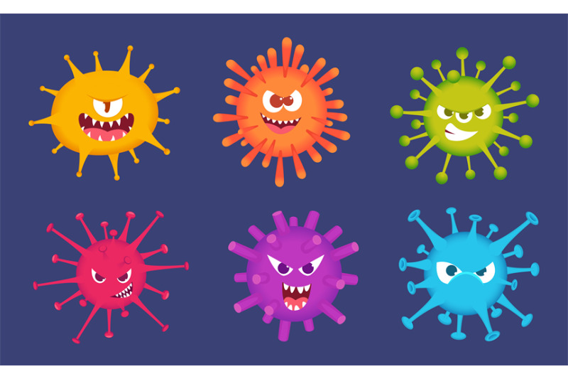 Cute Cartoon Viruses. Bacteria Emotional Faces Scared Emoticons Devil 