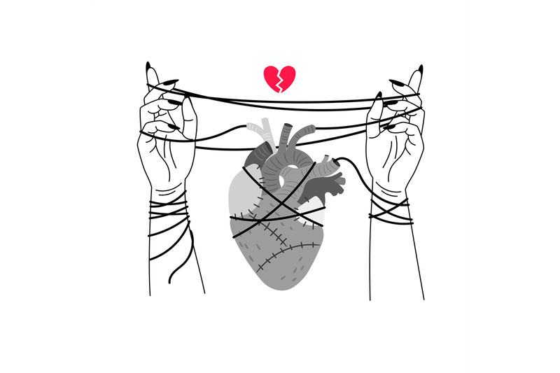 Girl broken heart. Red hearts broke symbol line sketch vector illustra ...