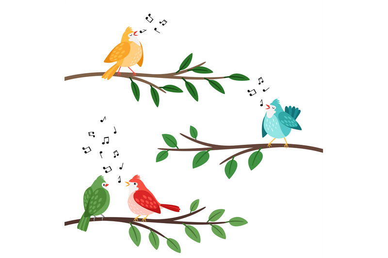 Bird songs. Singing birds friends on tree branches, birdes cartoon