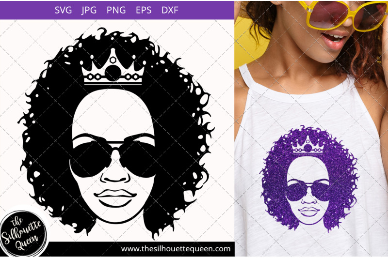 Afro Woman svg with Curly Bob natural hair, sunglasses and crown By The ...