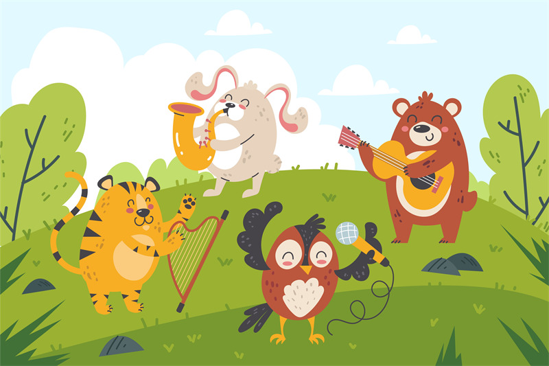 Animals musicians in forest. Funny cartoon characters play orchestra i By  YummyBuum | TheHungryJPEG