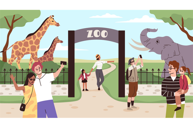 Zoo entrance gates. Animals park fences. Visitors take selfies. Parent ...