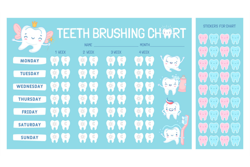 Teeth brushing chart calendar for kids with cartoon character. Cute to ...