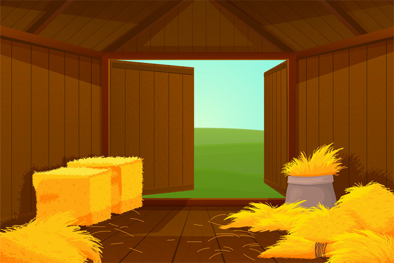Inside barn house. Cartoon farm wooden, hay or straw inside. Door open By  Microvector | TheHungryJPEG