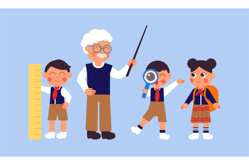 Education concept. Happy students, elderly teacher and little kids in ...