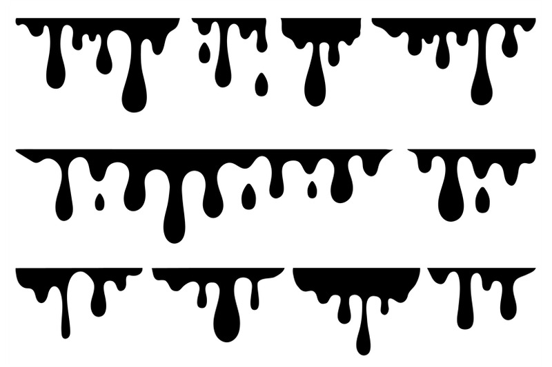 Black dripping elements. Dropping paint, syrup stain melted. Trickle d ...