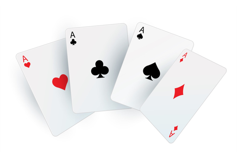 Playing poker cards. Realistic fan of aces. Square white cardboards. B ...