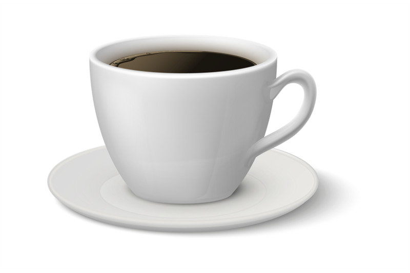 Realistic coffee cup. Espresso 3D mockup, white mug on plate side